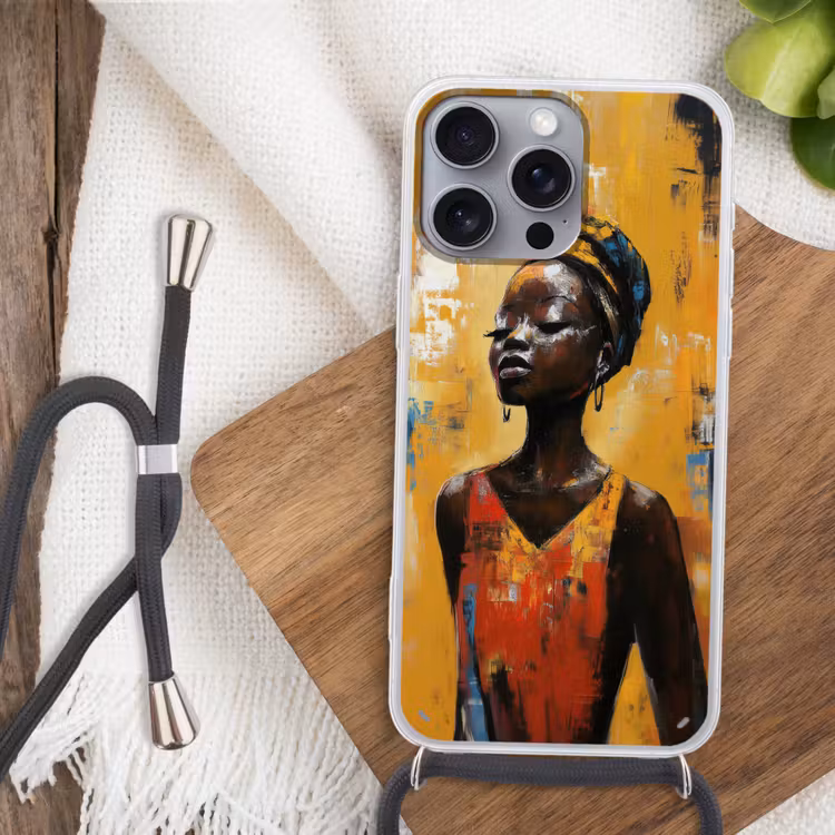 Vrouw - Ogen - Penseelstreken - Geel Hoesje iPhone 16 Pro Max met koord klein -sfeer4