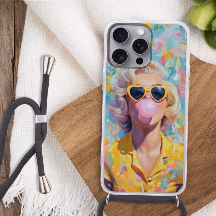 Vrouw - Blond - Roze kauwgom - Kleurrijk - Pastel Hoesje iPhone 16 Pro Max met koord klein -sfeer4