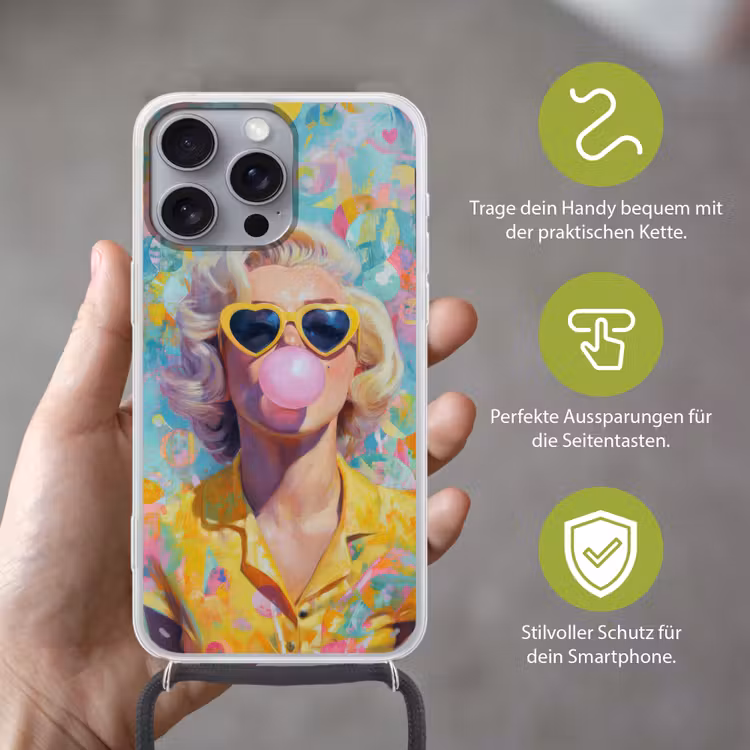 Vrouw - Blond - Roze kauwgom - Kleurrijk - Pastel Hoesje iPhone 16 Pro Max met koord klein -sfeer2_DE