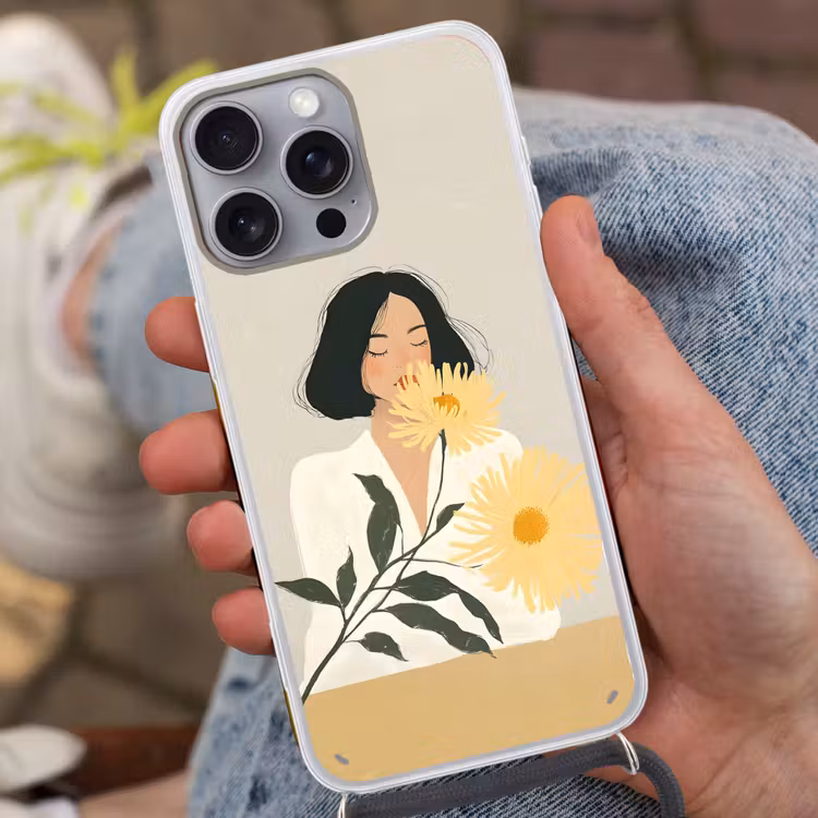 Vrouw - Bloem - Geel - Minimalistisch Hoesje iPhone 16 Pro Max met koord klein -sfeer3