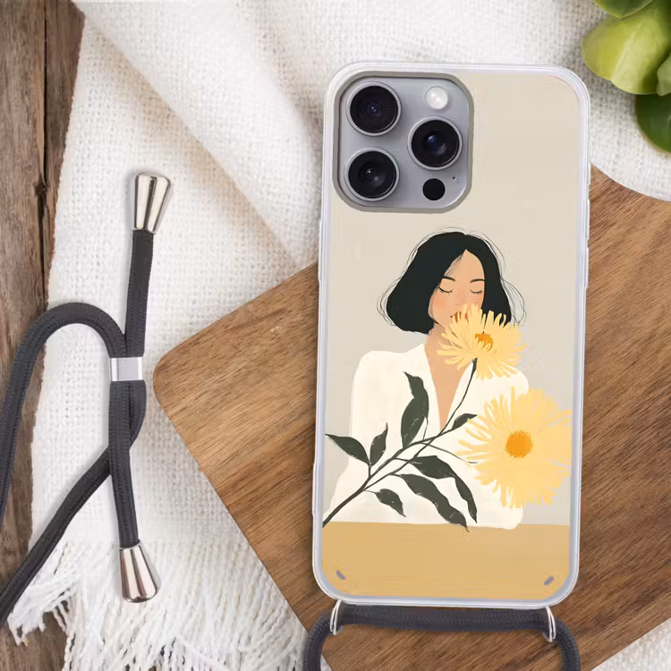 Vrouw - Bloem - Geel - Minimalistisch Hoesje iPhone 16 Pro Max met koord klein -sfeer4