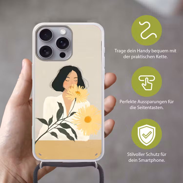 Vrouw - Bloem - Geel - Minimalistisch Hoesje iPhone 16 Pro Max met koord klein -sfeer2_DE