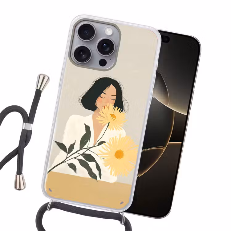 Vrouw - Bloem - Geel - Minimalistisch Hoesje iPhone 16 Pro Max met koord klein -sfeer1