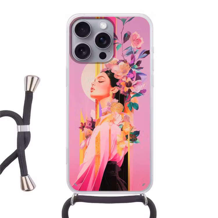Vrouw - Bloemen - Paars - Abstract Hoesje iPhone 16 Pro Max met koord klein -3d
