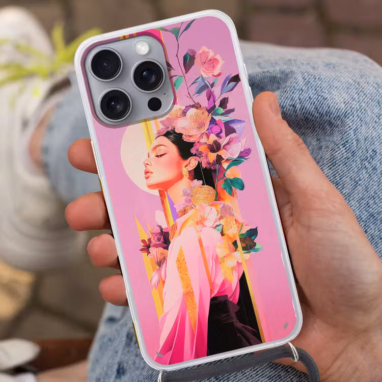 Vrouw - Bloemen - Paars - Abstract Hoesje iPhone 16 Pro Max met koord klein -sfeer3