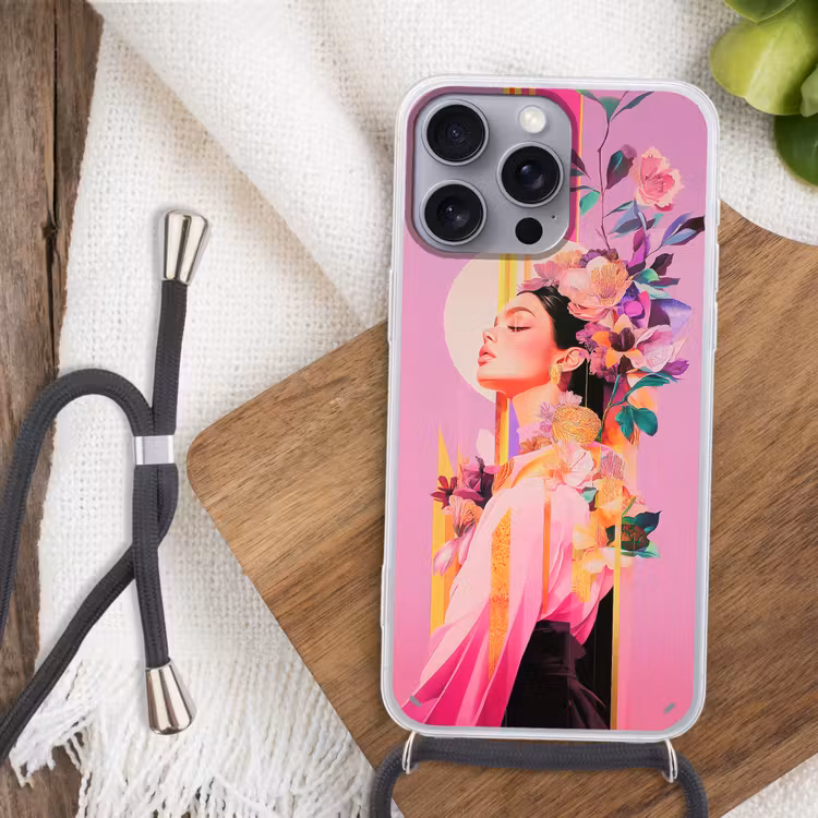 Vrouw - Bloemen - Paars - Abstract Hoesje iPhone 16 Pro Max met koord klein -sfeer4