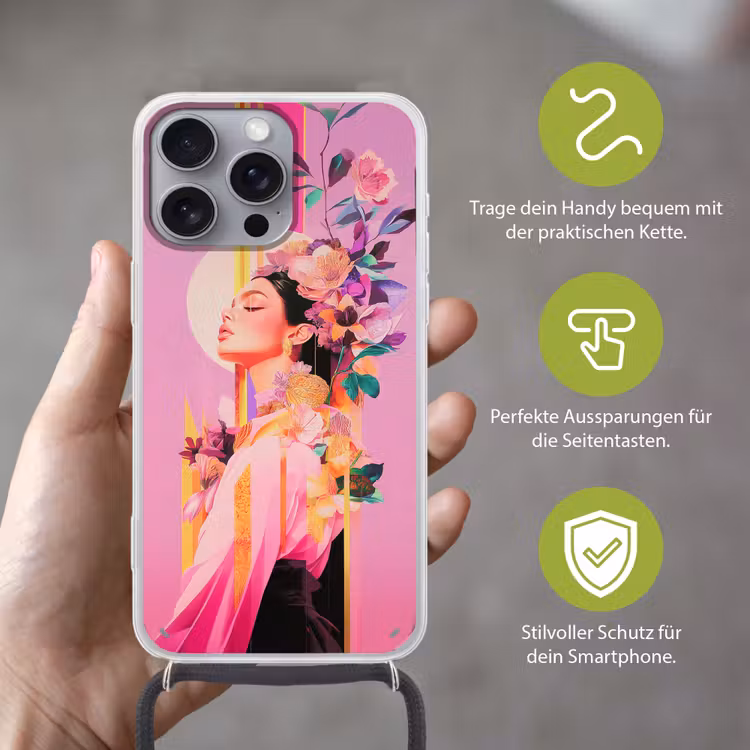 Vrouw - Bloemen - Paars - Abstract Hoesje iPhone 16 Pro Max met koord klein -sfeer2_DE