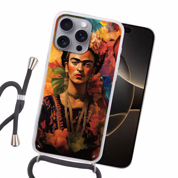 Vrouw - Bloemen - Papegaai - Schilderachtig Hoesje iPhone 16 Pro Max met koord klein -sfeer1