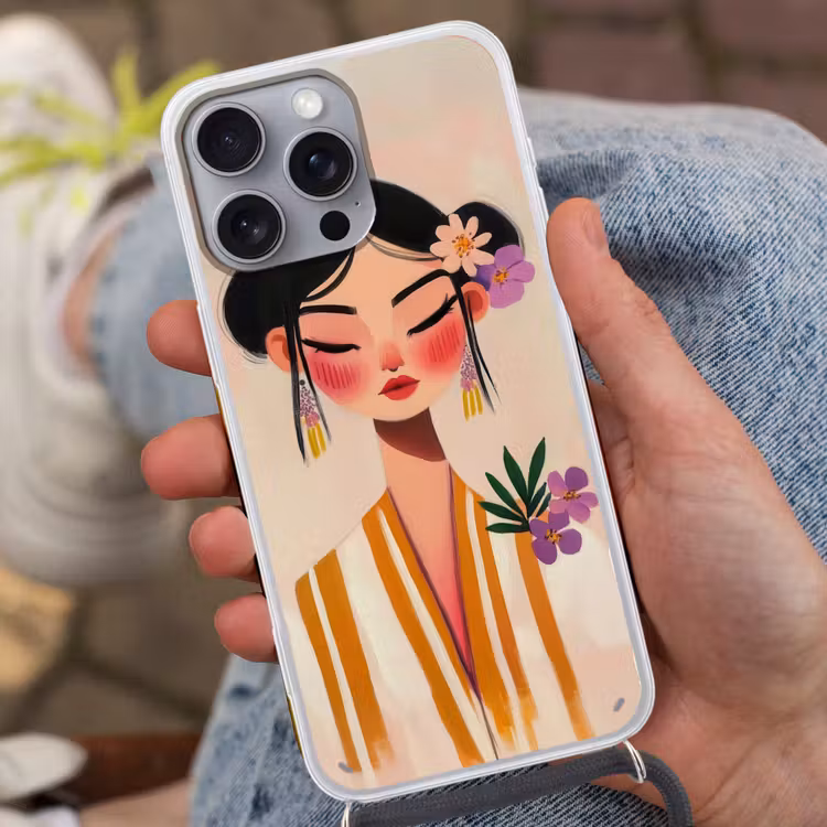 Vrouw - Bloemen - Pastel Hoesje iPhone 16 Pro Max met koord klein -sfeer3