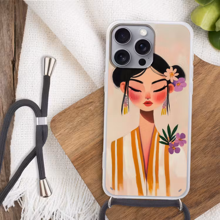 Vrouw - Bloemen - Pastel Hoesje iPhone 16 Pro Max met koord klein -sfeer4