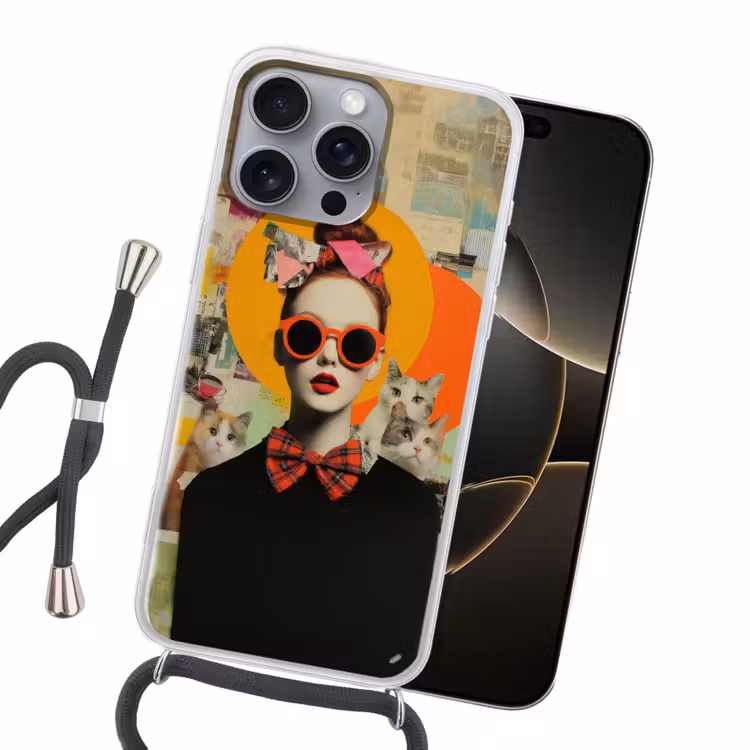 Vrouw - Bril - Strik - Retro Hoesje iPhone 16 Pro Max met koord klein -sfeer1