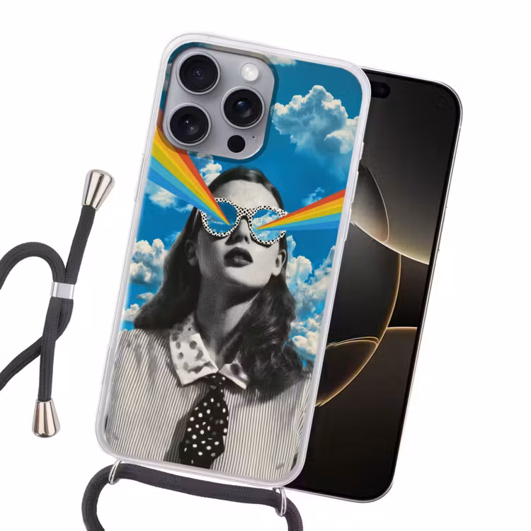 Vrouw - Bril - Regenboog - Wolken Hoesje iPhone 16 Pro Max met koord klein -sfeer1