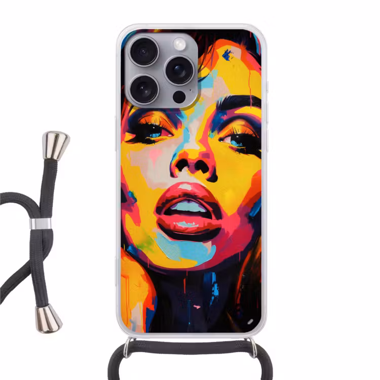 Vrouw - Gezicht - Kleurrijk Hoesje iPhone 16 Pro Max met koord klein -3d