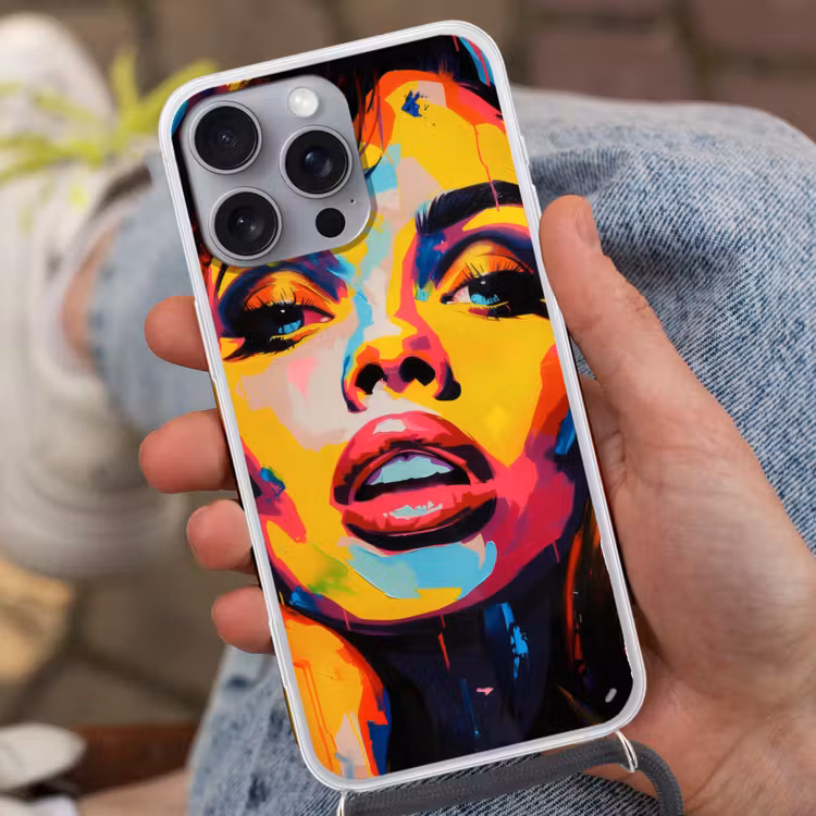 Vrouw - Gezicht - Kleurrijk Hoesje iPhone 16 Pro Max met koord klein -sfeer3