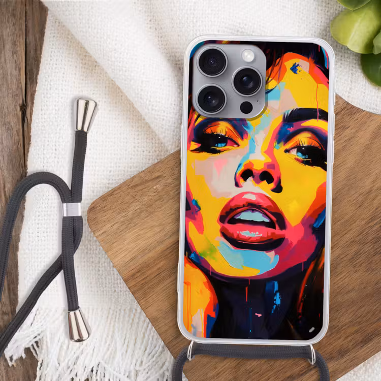 Vrouw - Gezicht - Kleurrijk Hoesje iPhone 16 Pro Max met koord klein -sfeer4