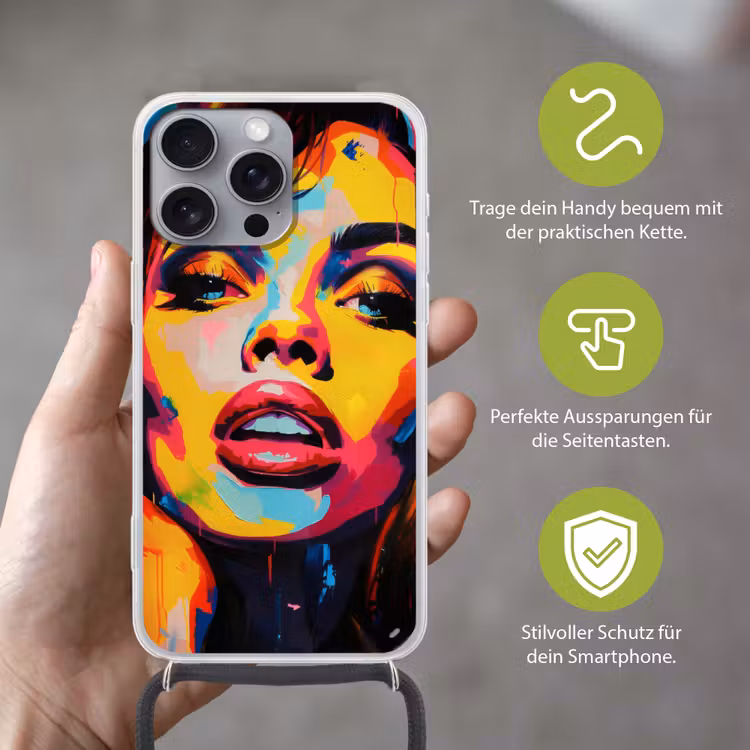 Vrouw - Gezicht - Kleurrijk Hoesje iPhone 16 Pro Max met koord klein -sfeer2_DE