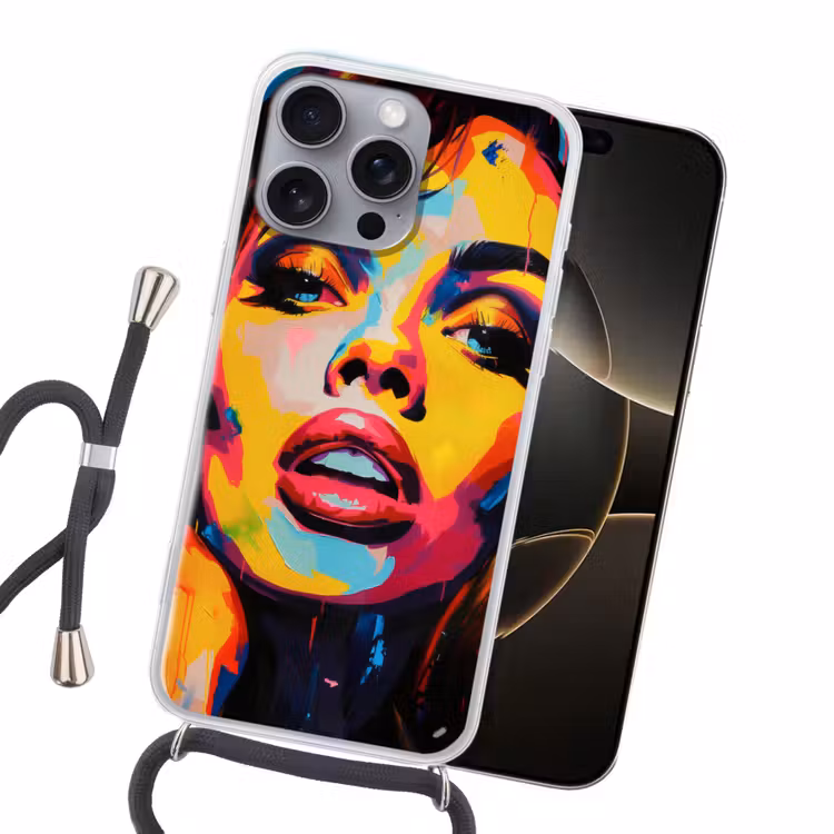 Vrouw - Gezicht - Kleurrijk Hoesje iPhone 16 Pro Max met koord klein -sfeer1