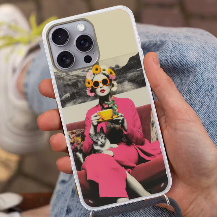 Vrouw - Kat - Bloemen - Kopje - Retro Hoesje iPhone 16 Pro Max met koord klein -sfeer3