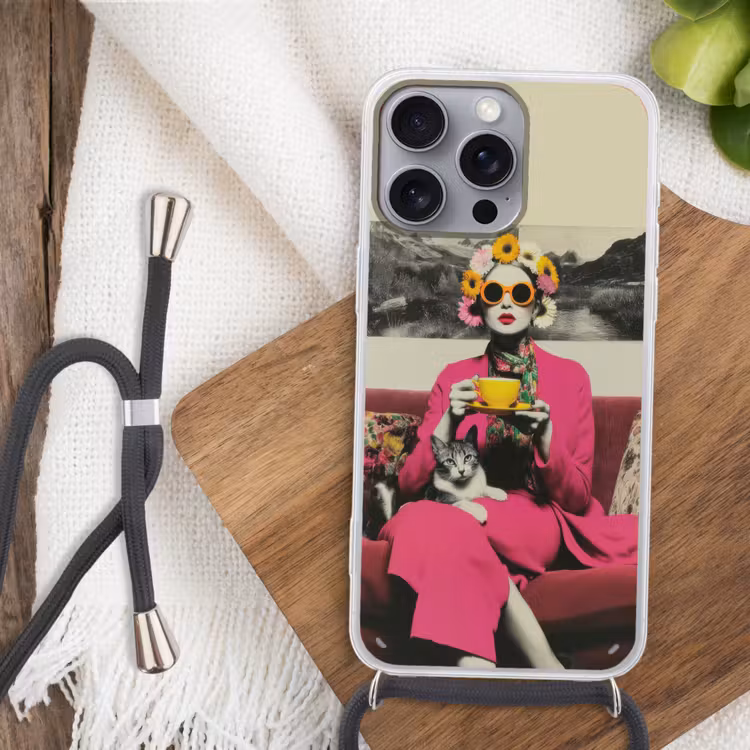 Vrouw - Kat - Bloemen - Kopje - Retro Hoesje iPhone 16 Pro Max met koord klein -sfeer4