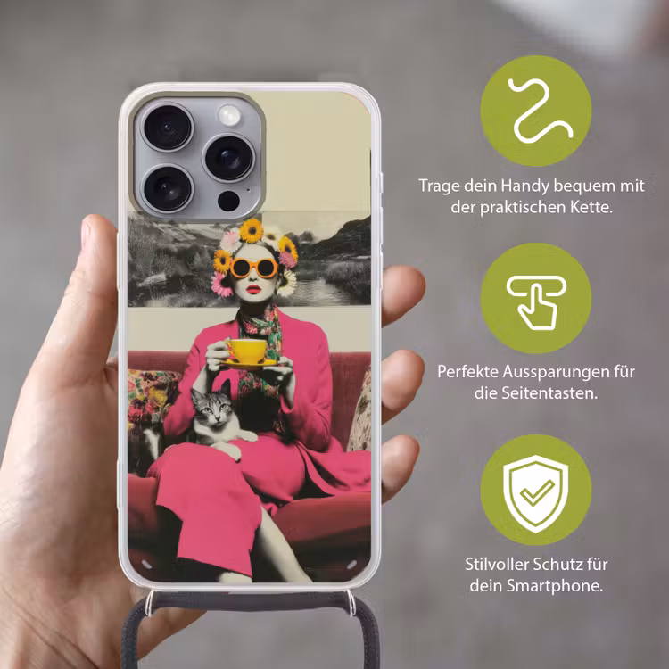 Vrouw - Kat - Bloemen - Kopje - Retro Hoesje iPhone 16 Pro Max met koord klein -sfeer2_DE