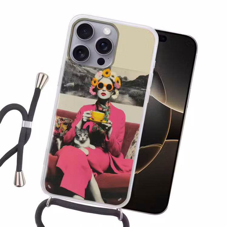 Vrouw - Kat - Bloemen - Kopje - Retro Hoesje iPhone 16 Pro Max met koord klein -sfeer1