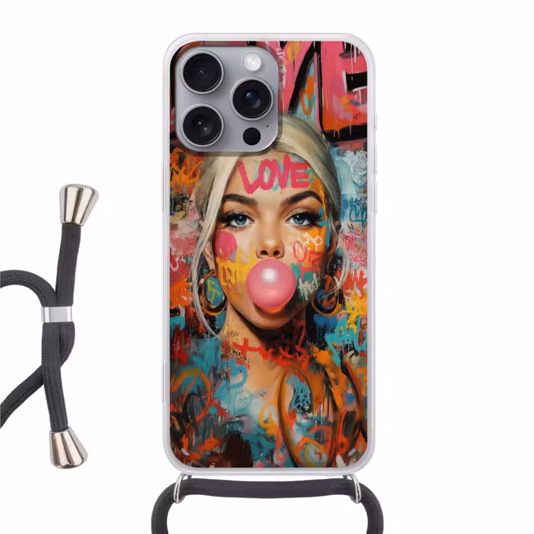 Vrouw - Kauwgom - Graffiti - Love Hoesje iPhone 16 Pro Max met koord klein -3d