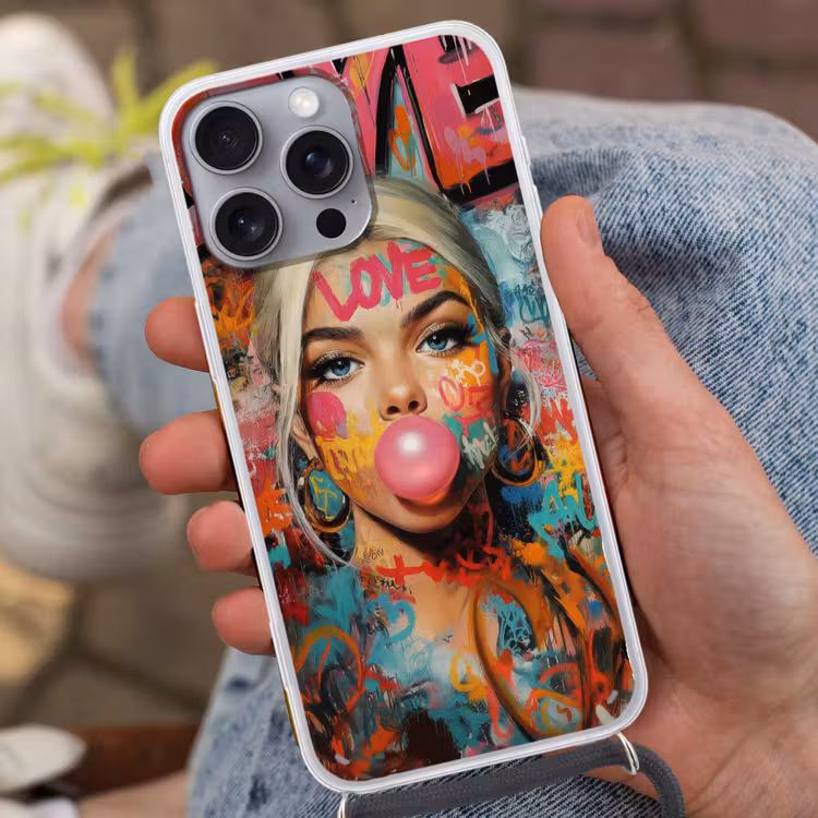 Vrouw - Kauwgom - Graffiti - Love Hoesje iPhone 16 Pro Max met koord klein -sfeer3