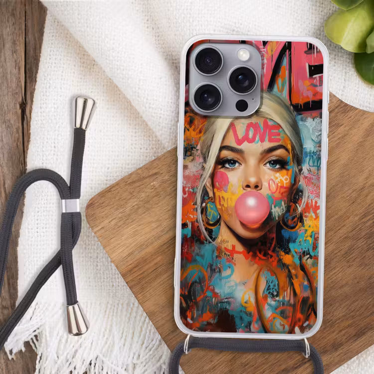 Vrouw - Kauwgom - Graffiti - Love Hoesje iPhone 16 Pro Max met koord klein -sfeer4