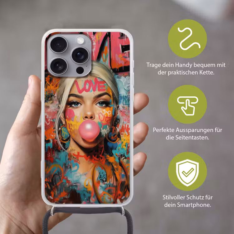 Vrouw - Kauwgom - Graffiti - Love Hoesje iPhone 16 Pro Max met koord klein -sfeer2_DE