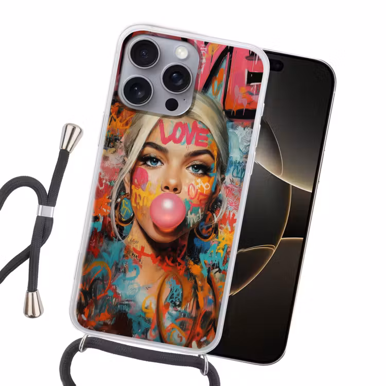 Vrouw - Kauwgom - Graffiti - Love Hoesje iPhone 16 Pro Max met koord klein -sfeer1