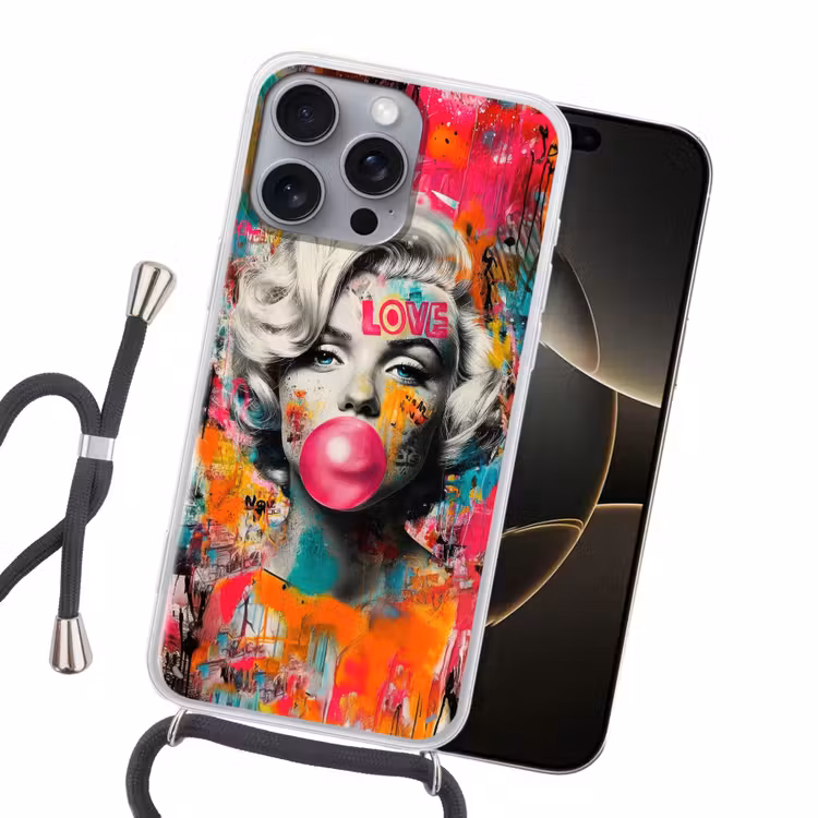 Vrouw - Kauwgom - Graffiti - Neonkleuren Hoesje iPhone 16 Pro Max met koord klein -sfeer1