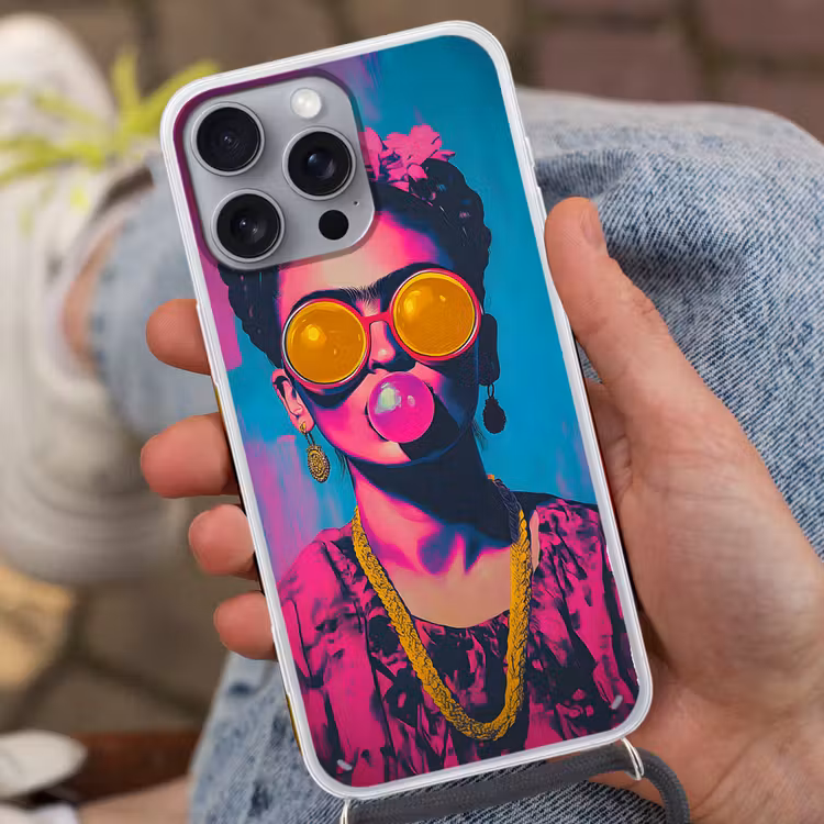 Vrouw - Kauwgom - Zonnebril - Oranje Hoesje iPhone 16 Pro Max met koord klein -sfeer3