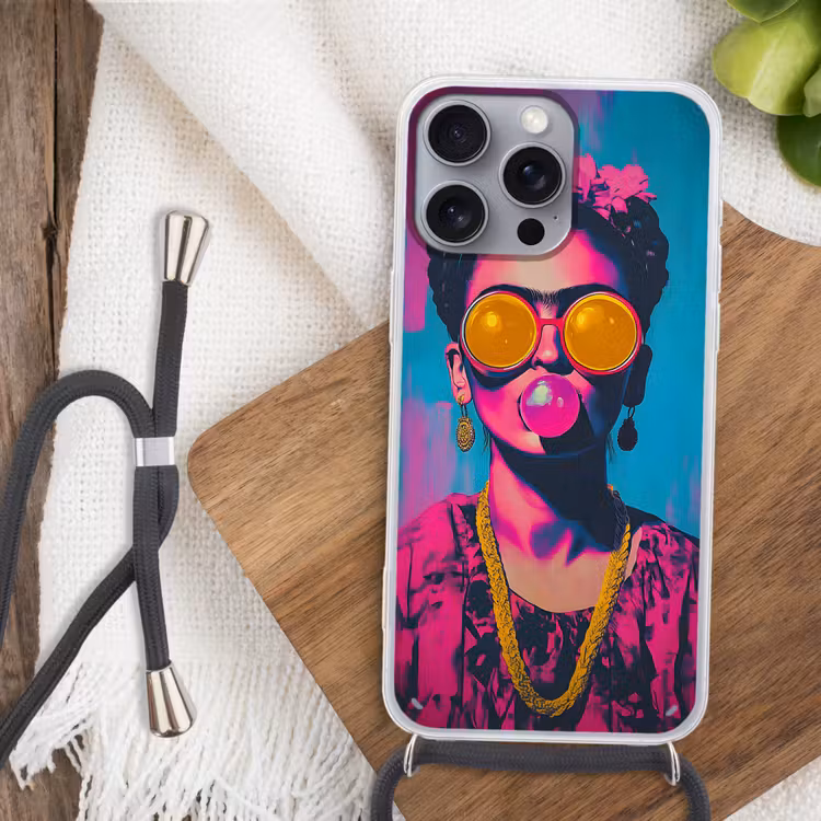 Vrouw - Kauwgom - Zonnebril - Oranje Hoesje iPhone 16 Pro Max met koord klein -sfeer4