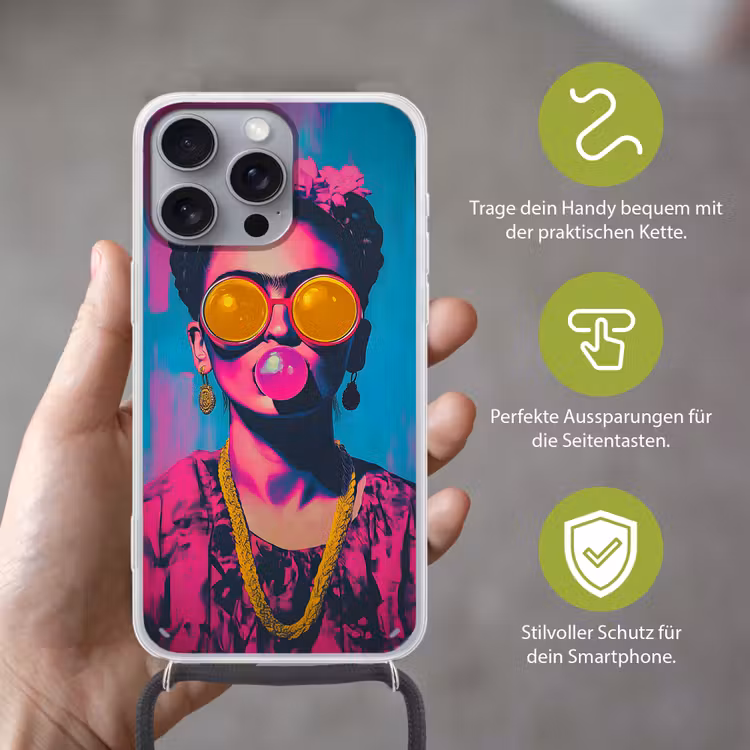Vrouw - Kauwgom - Zonnebril - Oranje Hoesje iPhone 16 Pro Max met koord klein -sfeer2_DE