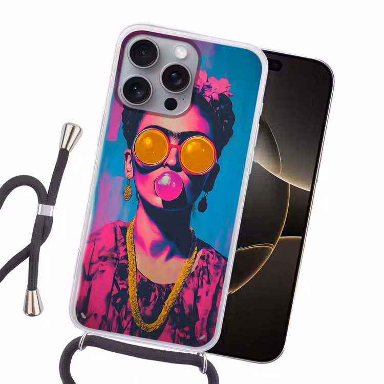 Vrouw - Kauwgom - Zonnebril - Oranje Hoesje iPhone 16 Pro Max met koord klein -sfeer1