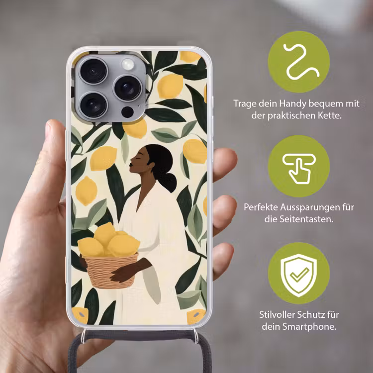 Vrouw - Mand - Citroenen - Bladeren Hoesje iPhone 16 Pro Max met koord klein -sfeer2_DE