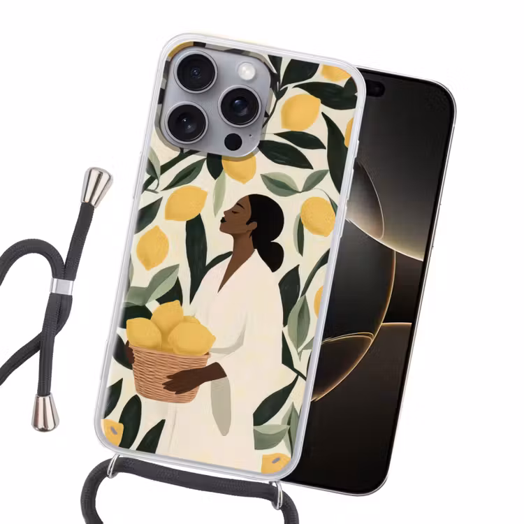 Vrouw - Mand - Citroenen - Bladeren Hoesje iPhone 16 Pro Max met koord klein -sfeer1