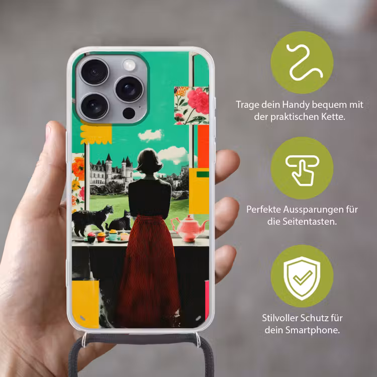 Vrouw - Keuken - Katten - Doorkijk Hoesje iPhone 16 Pro Max met koord klein -sfeer2_DE