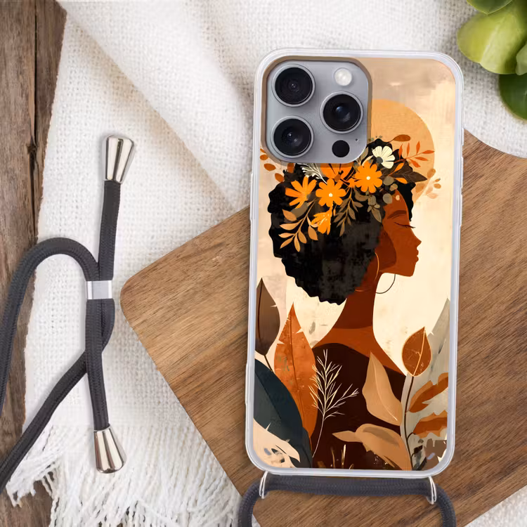 Vrouw - Krullen - Bloemen - Beige Hoesje iPhone 16 Pro Max met koord klein -sfeer4