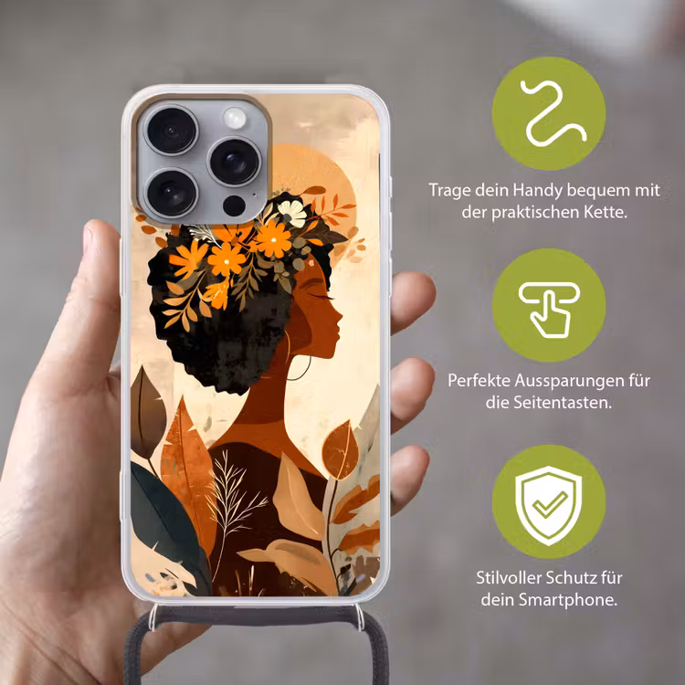 Vrouw - Krullen - Bloemen - Beige Hoesje iPhone 16 Pro Max met koord klein -sfeer2_DE