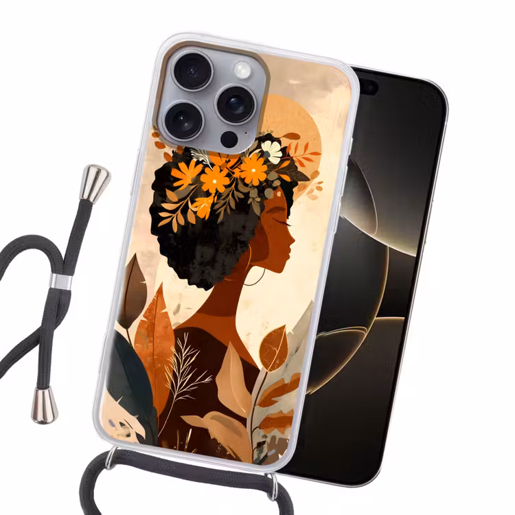 Vrouw - Krullen - Bloemen - Beige Hoesje iPhone 16 Pro Max met koord klein -sfeer1