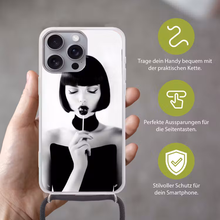 Vrouw - Lolly - Zwart - Wit Hoesje iPhone 16 Pro Max met koord klein -sfeer2_DE