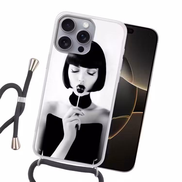 Vrouw - Lolly - Zwart - Wit Hoesje iPhone 16 Pro Max met koord klein -sfeer1