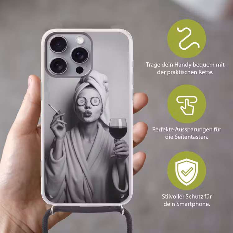 Vrouw - Masker - Wijn - Sigaret Hoesje iPhone 16 Pro Max met koord klein -sfeer2_DE