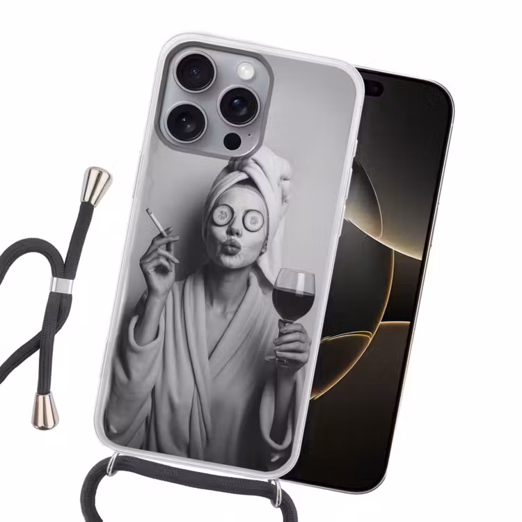 Vrouw - Masker - Wijn - Sigaret Hoesje iPhone 16 Pro Max met koord klein -sfeer1