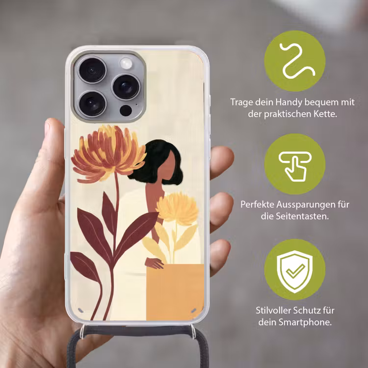 Vrouw - Minimalistisch - Bloem Hoesje iPhone 16 Pro Max met koord klein -sfeer2_DE