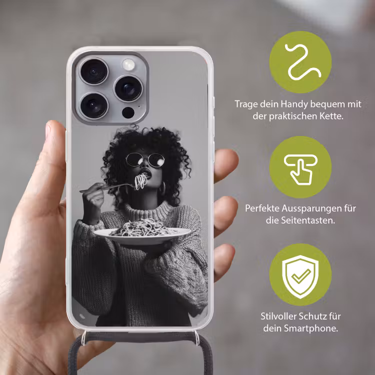 Vrouw - Pasta - Zwart - Wit Hoesje iPhone 16 Pro Max met koord klein -sfeer2_DE