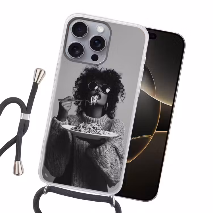 Vrouw - Pasta - Zwart - Wit Hoesje iPhone 16 Pro Max met koord klein -sfeer1
