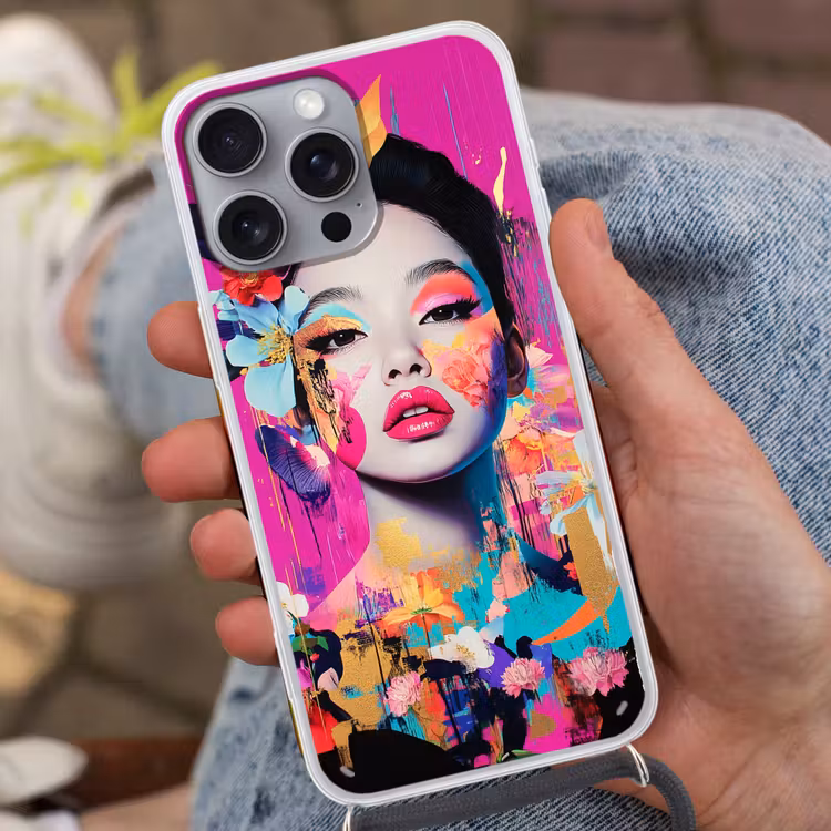 Vrouw - Portret - Abstract - Paars Hoesje iPhone 16 Pro Max met koord klein -sfeer3