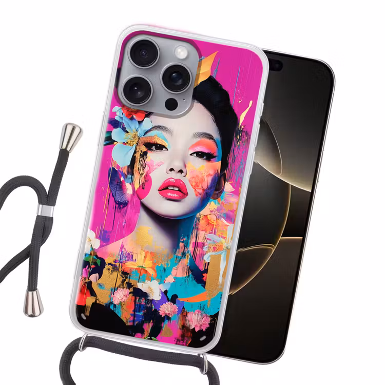 Vrouw - Portret - Abstract - Paars Hoesje iPhone 16 Pro Max met koord klein -sfeer1